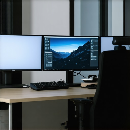 Ergonomic workspace with immersive curved monitor setup An ergonomic desk setup featuring a curved ultrawide monitor, adjustable arm, and ambient lighting for optimal comfort.