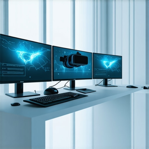 Futuristic workspace with curved ultrawide monitors and VR gear