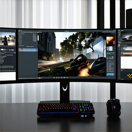 Immersive Ultrawide Curved Monitor Setup A curved ultrawide monitor showing multitasking and gaming visuals.
