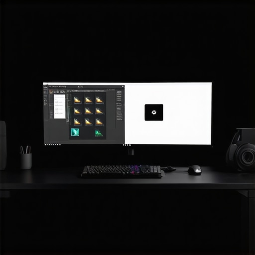 A detailed image of an ergonomic workspace featuring a high-end ultrawide curved monitor, calibration tools, and adjustable mounts.
