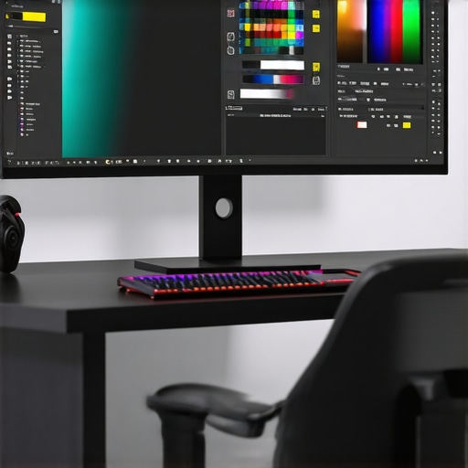 A modern desk setup featuring a curved ultrawide display with color calibration tools and ergonomic accessories.