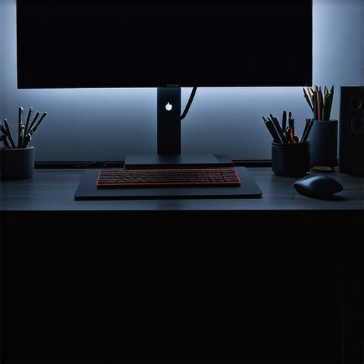 Optimized Workspace with Curved Ultrawide Monitor A modern ergonomic workspace featuring a curved ultrawide monitor with proper calibration and lighting