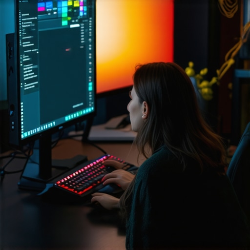 Personal workspace with curved ultrawide monitor Person working on a curved ultrawide monitor in a modern, ergonomic workspace.