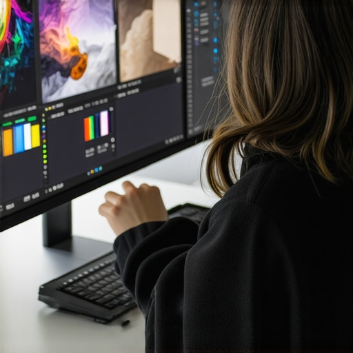 Personal workspace with curved ultrawide monitor Individual using a curved ultrawide monitor for creative work