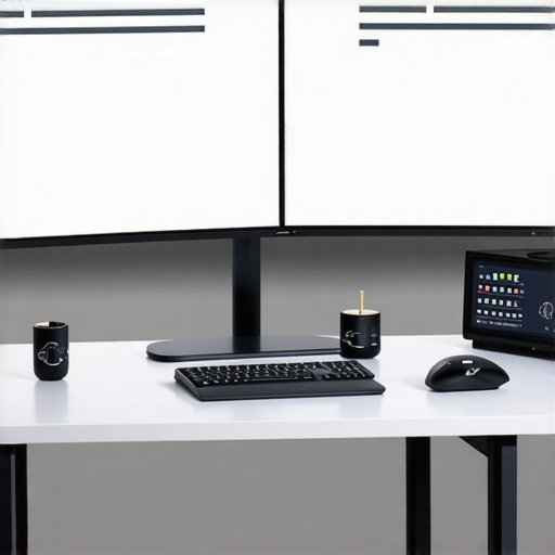 Professional Workspace with Curved Ultrawide Monitor A professional desk setup featuring a large curved ultrawide monitor, ergonomic adjustments, and calibration tools.