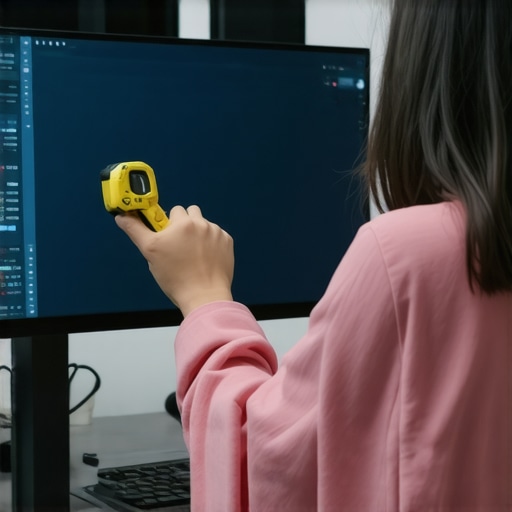 Adjusting a Curved Monitor for Optimal Immersion Person measuring and adjusting a large curved monitor in a workspace.