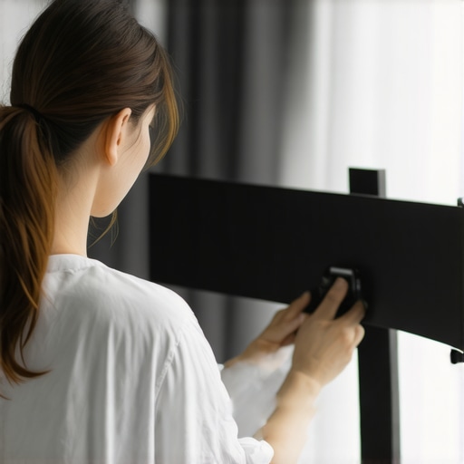 Person using SpyderX calibration tool on a curved ultrawide monitor in a bright, modern office.