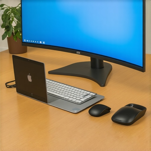 Person adjusting ergonomic setup of ultrawide curved monitor on desk