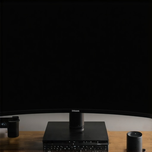 A professional workspace showcasing an ultrawide curved monitor with ergonomic and calibration accessories.