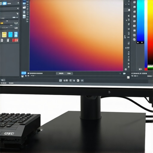 A calibration device connected to a curved monitor for color management.
