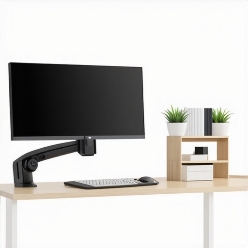 Ergonomic workspace featuring a large curved ultrawide monitor with adjustable stand and tidy desk