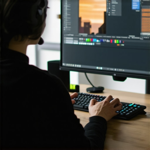 Person adjusting a large curved ultrawide monitor in a sleek home office environment.