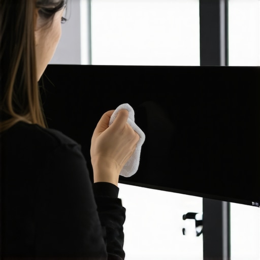 Person wiping a curved monitor with a microfiber cloth to ensure clarity and longevity.