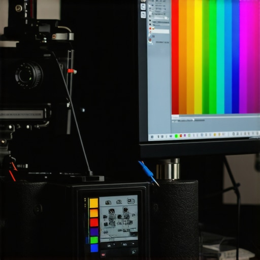 A person adjusting monitor settings with calibration software in a dark room
