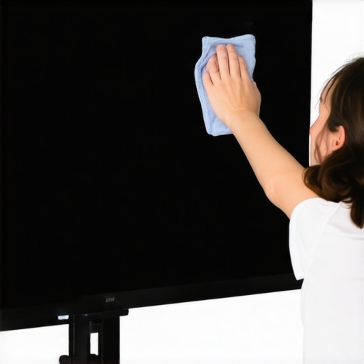 Person carefully cleaning a curved ultrawide monitor with a microfiber cloth