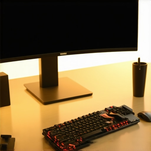 A modern workspace featuring a large curved ultrawide monitor with ergonomic accessories.