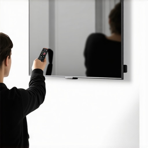 Person adjusting a curved TV in a stylish living room.