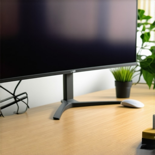A desk with a curved ultrawide monitor positioned at eye level with ergonomic accessories