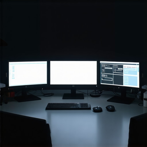 A professional editing workspace featuring five curved ultrawide monitors arranged in a semi-circle with calibration devices and proper lighting
