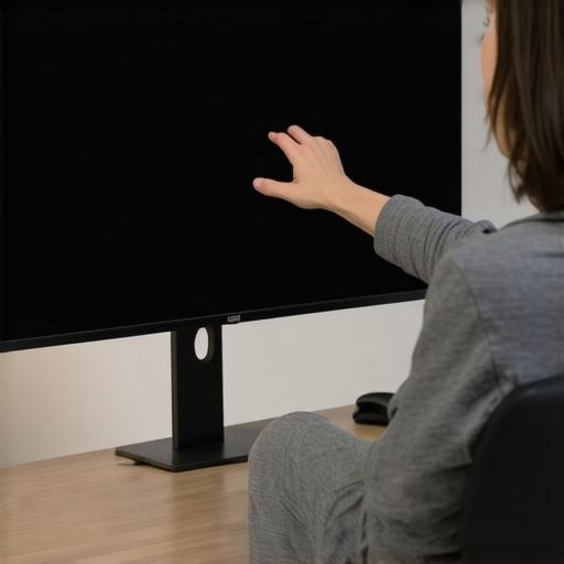 Person calibrating and adjusting a curved ultrawide monitor for immersive viewing.