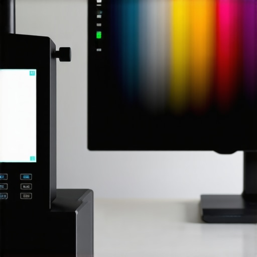 Device calibrating a high-resolution curved monitor with software interface visible.