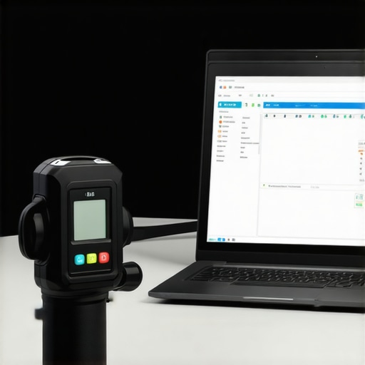 A person calibrating a curved ultrawide monitor with specialized color calibration hardware