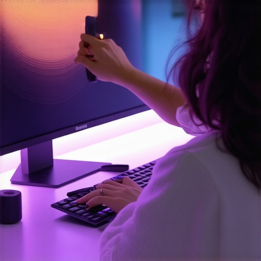 Person adjusting a curved ultrawide monitor in a well-lit workspace.