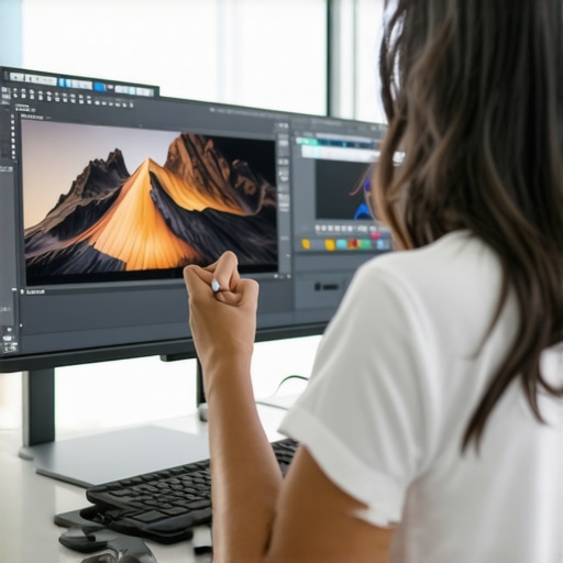 Person calibrating a curved ultrawide monitor using a colorimeter and calibration software in a tidy workspace.
