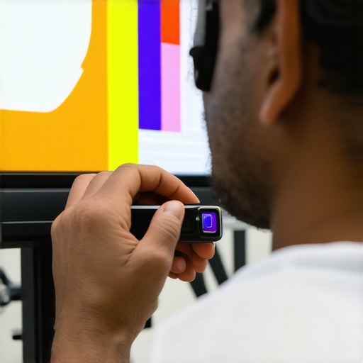 Person using calibration tool on curved ultrawide monitor for optimal display performance.