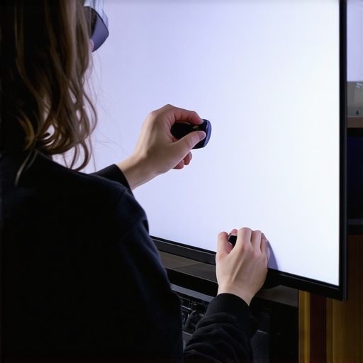 Person adjusting color settings with calibration device on curved TV