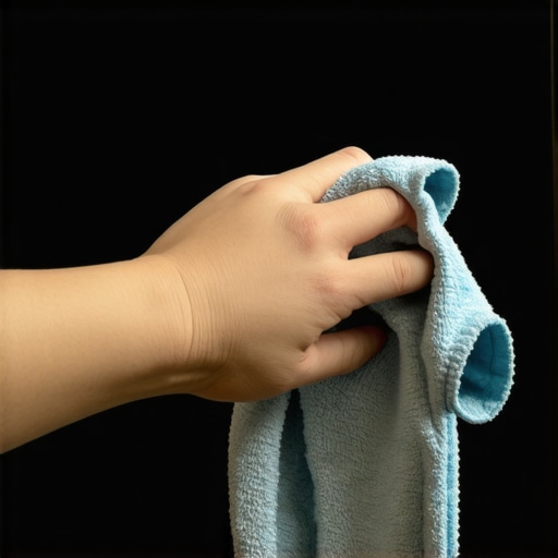 Person gently cleaning a curved monitor screen with microfiber cloth.
