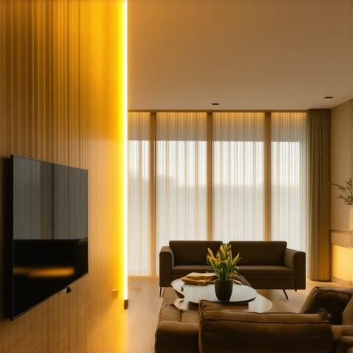 Living room with a curved TV positioned away from windows, soft lighting, and blinds to prevent reflections.