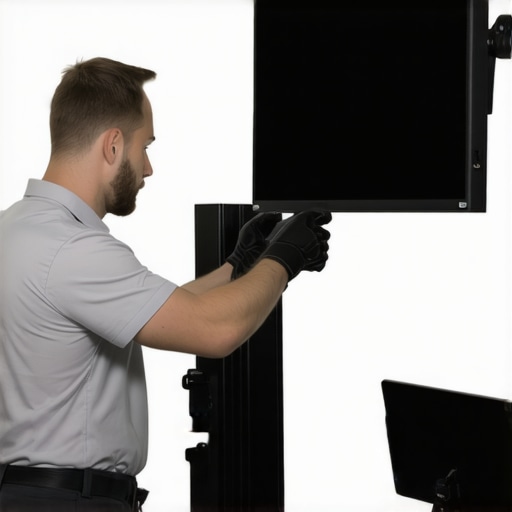 Technician installing heavy-duty monitor mount on desk with a large ultrawide monitor