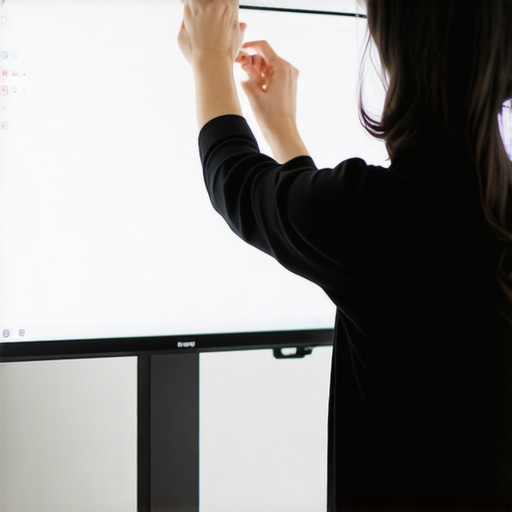 Person configuring a large curved monitor to optimize ergonomics on a sleek workstation.