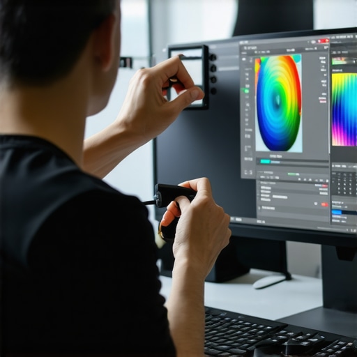 Person adjusting settings on an ultrawide monitor to improve clarity during screen sharing.