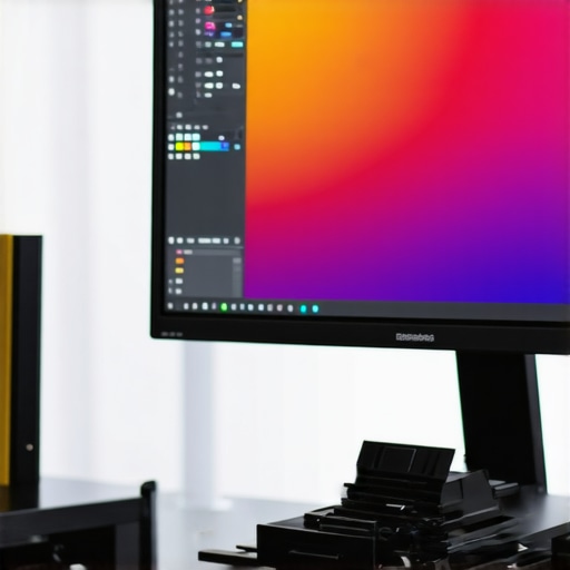 Technician calibrating a curved monitor with precise tools for color accuracy and performance.