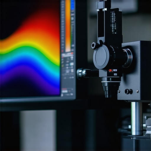 Person calibrating a curved ultrawide monitor with a professional device in a sleek office setting
