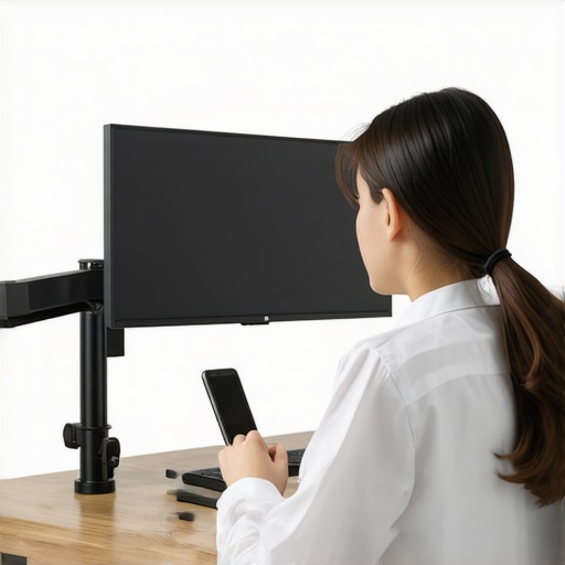 Person adjusting their ergonomic curved monitor on a desk with ambient lighting.