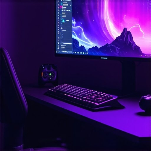 A gaming desk with a large curved ultrawide monitor mounted at eye level, ergonomic chair, and ambient lighting for immersive gaming.