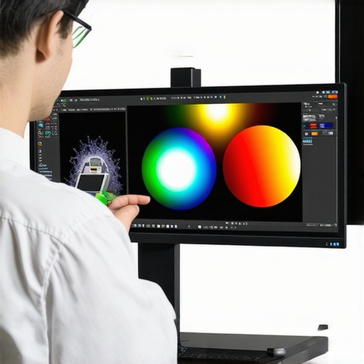 Technician using a colorimeter on a curved display to ensure color accuracy.