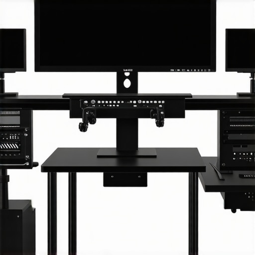 A professional workspace showing calibration equipment and a sturdy monitor arm for ultrawide displays.
