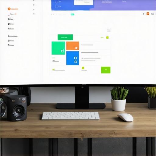 Modern workspace with a large 2026 curved TV displaying multiple screens for work and entertainment.