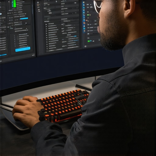 A person customizing shortcut keys on a gaming keyboard while working on a curved ultrawide monitor showing multiple window arrangements.