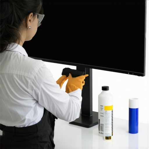 Person calibrating and cleaning a curved ultrawide monitor with professional tools in a sleek office.