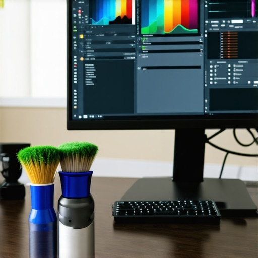 A person cleaning and calibrating a curved ultra-wide monitor in a modern workspace